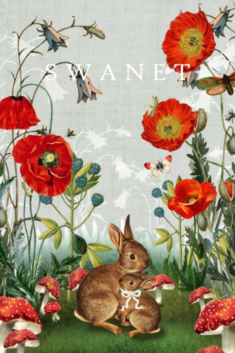 Geboortekaartje veld met poppies en konijntjes