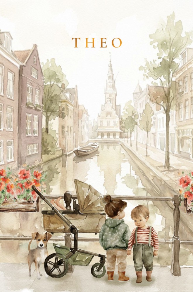 Geboortekaartje Alkmaar broer en zus met hond