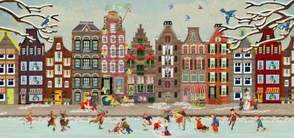 Geboortekaartje winter Amsterdamse huizen met gracht voor