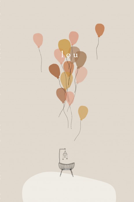 Geboortekaartje prachtige ballonnen met rotan wiegje voor