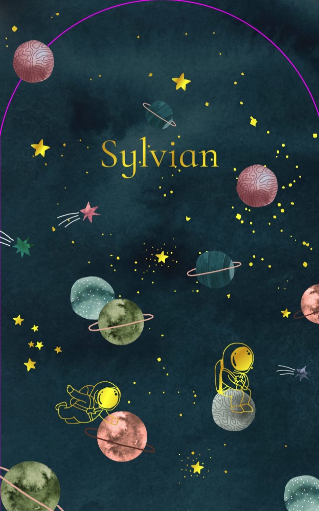 Geboortekaartje in boogvorm met astronauten en planeten. De vallende sterren en sterrenstelsel maken de illustratie in het heelal compleet. Een stoer en illustratief geboortekaartje met een beetje avontuur!