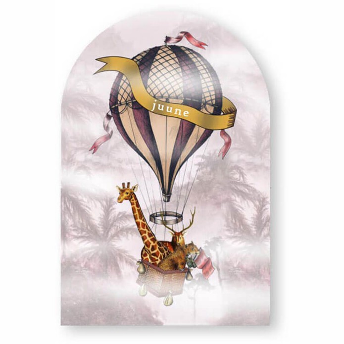 Geboortekaartje boogvorm met luchtballon in de jungle