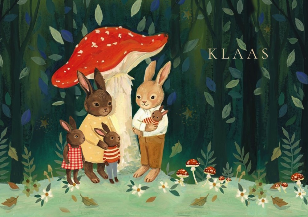 Geboortekaartje bos met paddenstoel en konijnen broer en zus