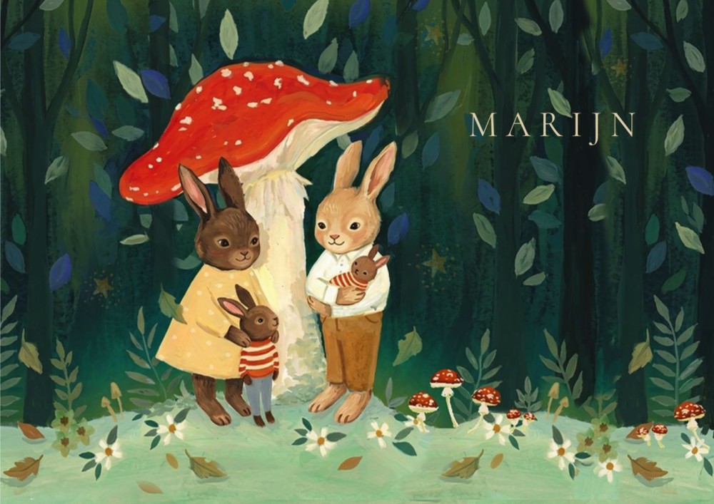Geboortekaartje bos met paddenstoel en konijnen familie