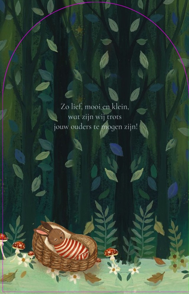 Bijzonder geboortekaartje met konijnen familie in het bos onder een paddenstoel. Met de hand geschilderd in prachtige sprekende kleuren. Illustratief geboortekaartje voor een jongen of een meisje.