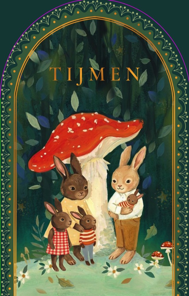 Geboortekaartje bos met paddenstoel en konijnen familie
