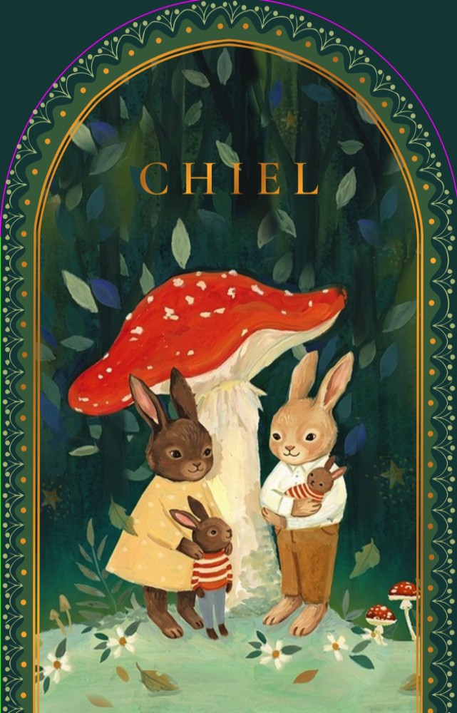 Geboortekaartje bos met paddenstoel en konijnen