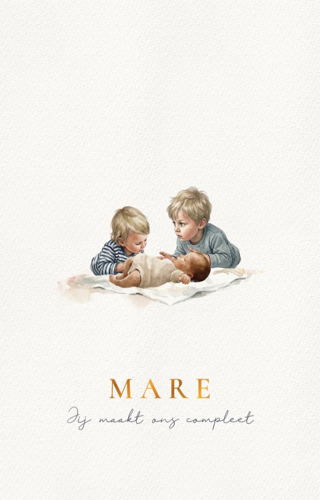 Geboortekaartje derde kind in waterverf uitgevoerd. De groer of zus speelt ook een mooie rol op het geboortekaartje. Er zijn allerlei kinderen in watercolor te kiezen zodat jullie gezin het mooiste aansluit op jullie samenstelling.