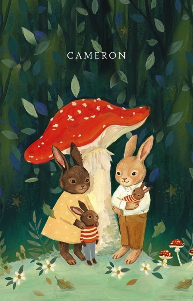 Geboortekaartje familie konijn in het bos met paddenstoel