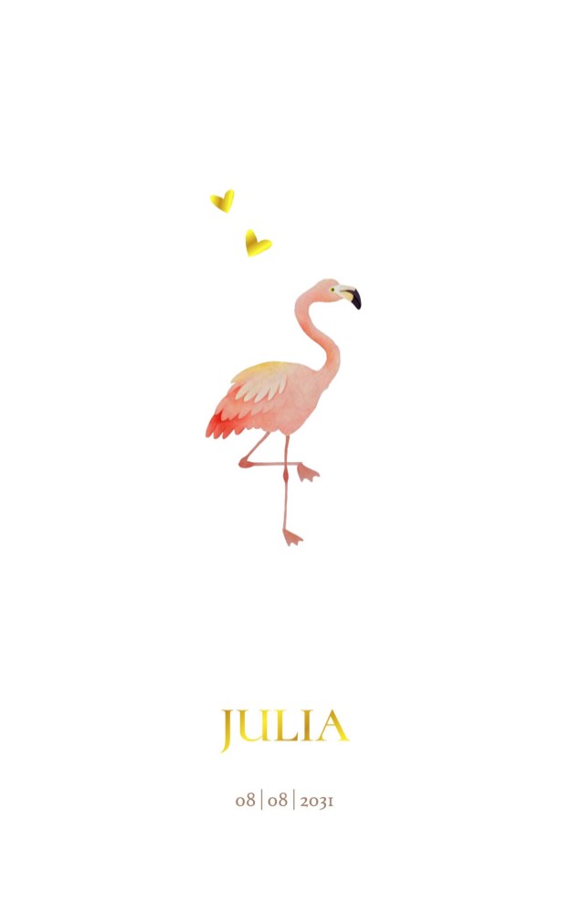 Lief geboortekaartje met flamingo in roze tinten. De foliedruk hartjes geven het geboortekaartje net iets extra's. Mooi klassiek geboortekaartje met illustratie van flamingo, voor als je niet van te druk houdt.