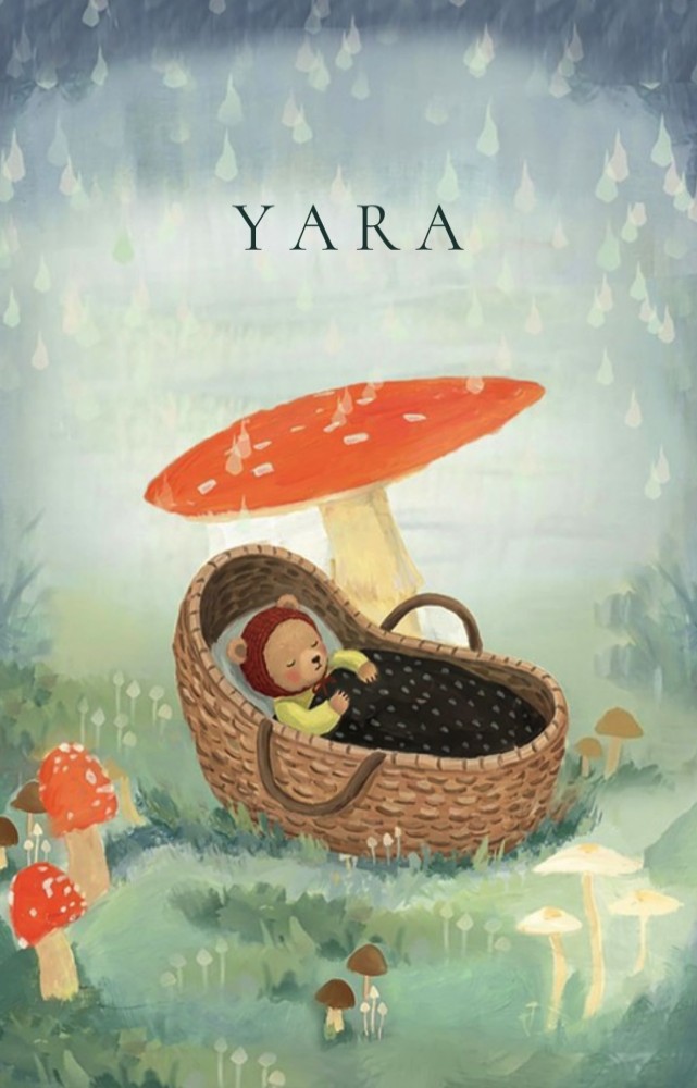 Geboortekaartje handgeschilderd paddenstoel met beertje in mand