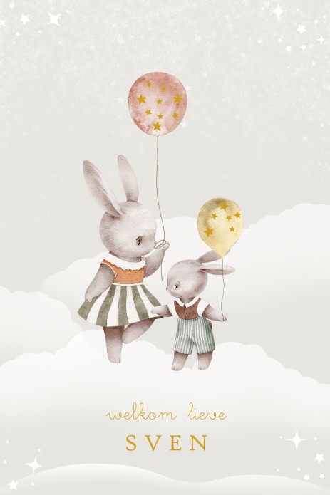 Geboortekaartje handgeschilderde konijn met ballonnen