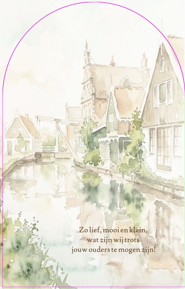 Geboortekaartje oud Hollands dorp met gezin