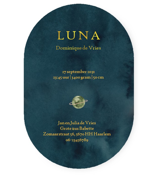 Ovaal geboortekaartje met planeten en astronauten