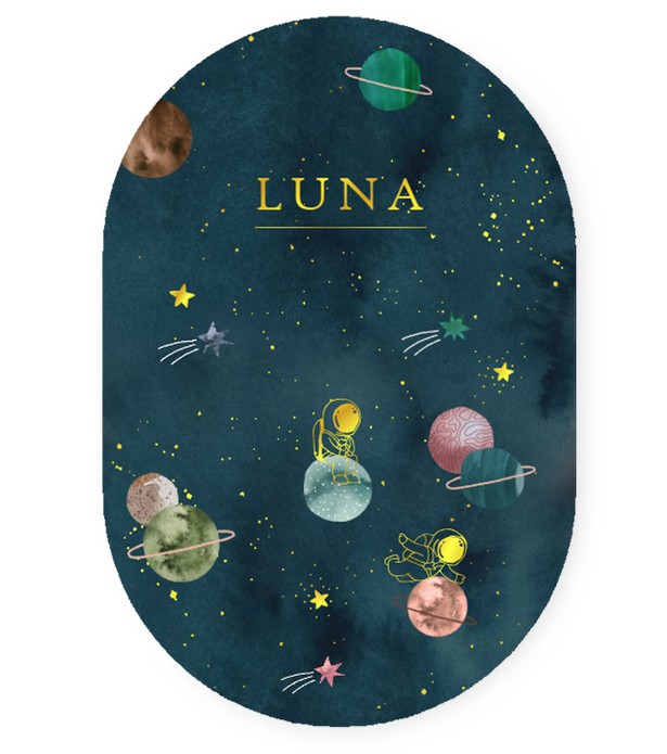 Ovaal geboortekaartje met planeten en astronauten