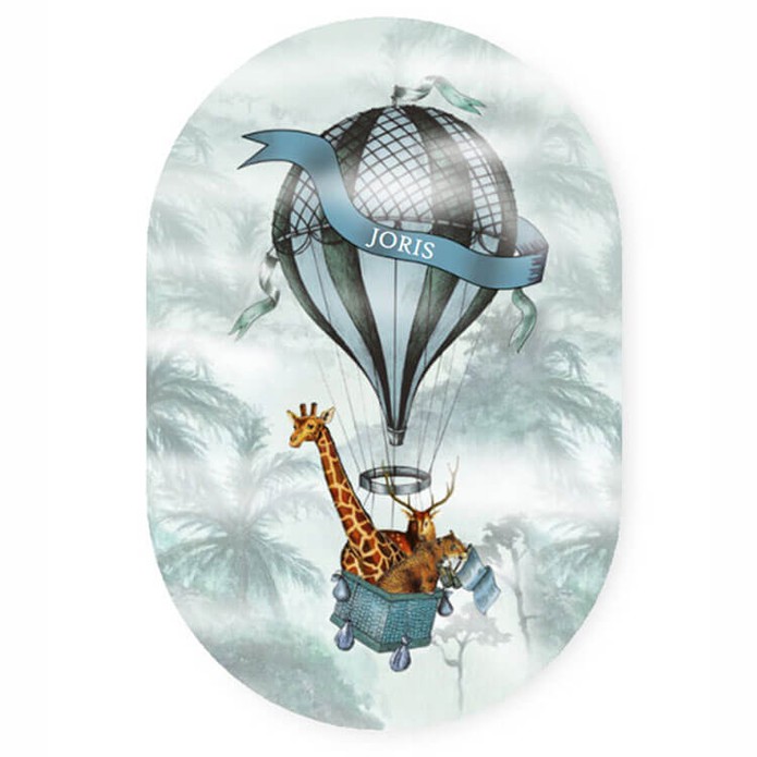 Ovaal geboortekaartje jungle en luchtballon
