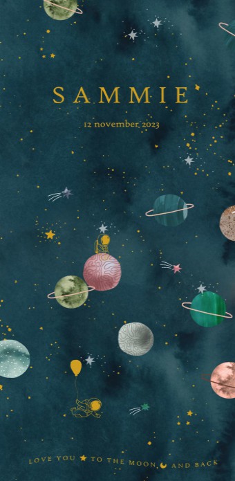 Geboortekaartje watercolour met planeten en astronauten