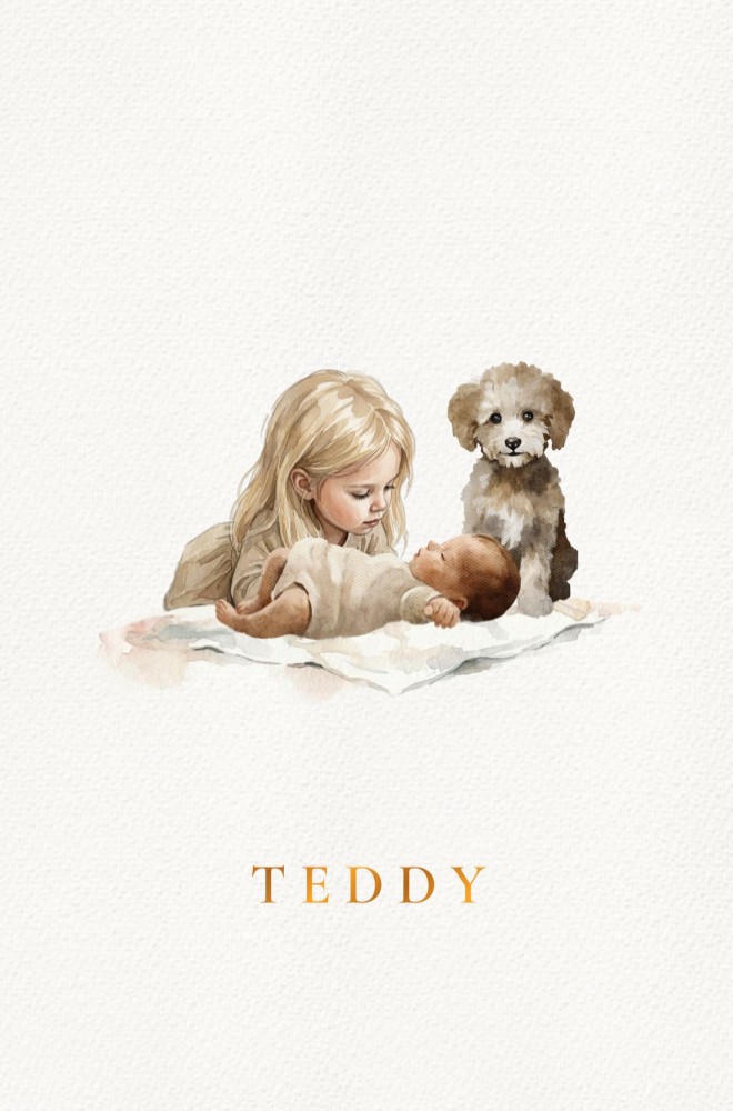 Geboortekaartje met watercolor portret van grote zus met haar broertje of zusje. Het huisdier kan ook een rol spelen op het geboortekaartje, een hond, kat, alles is mogelijk. Een tweede of derde kind geboortekaartje alsof het maatwerk is.