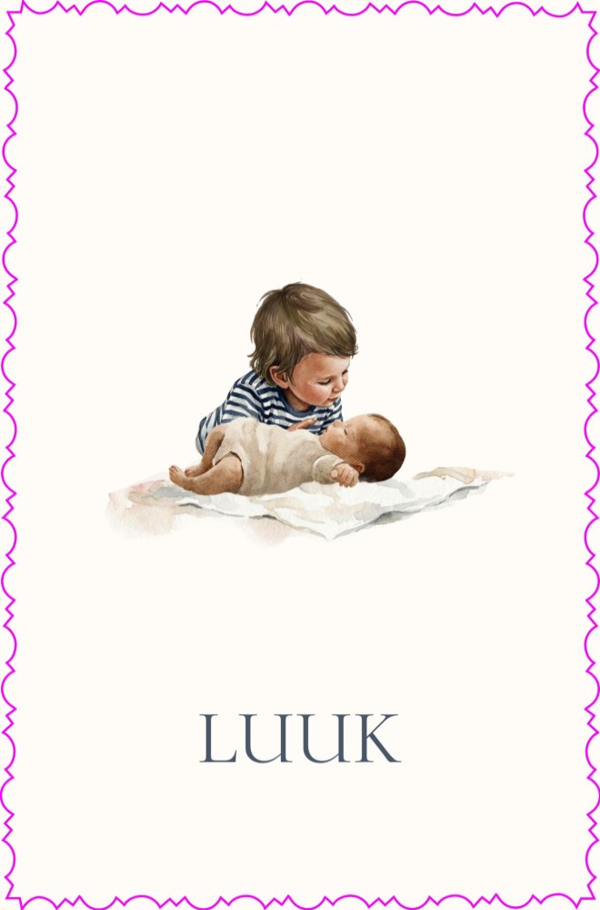 Een geboortekaartje dat wel op maat gemaakt lijkt te zijn! De portretten van broer en zus staan in de beeldbank en kan naar wens toegepast worden. In prachtig watercolor techniek, met de hand geschilderd.