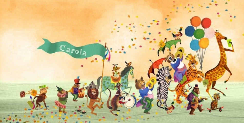 Vrolijk geboortekaartje met dieren stoet die muziek maken en dansen. De giraffe, tijger en beer hebben het opperbest naar hun zin, het is feest! Er is een kindje geboren en de parade viert feest.