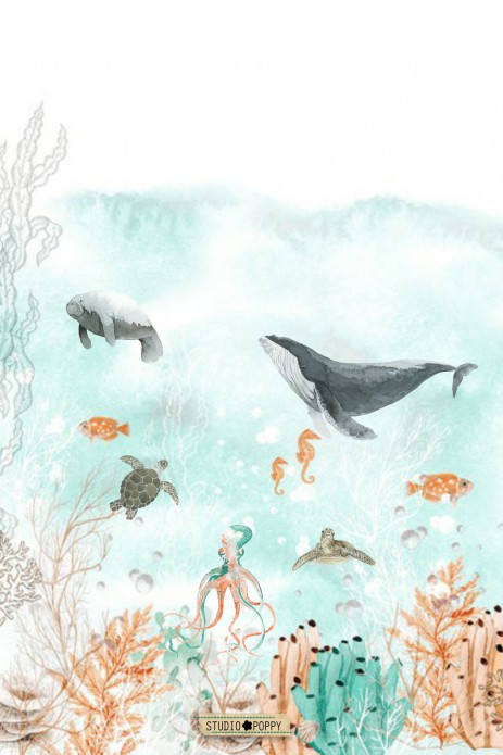 Geboortekaartje onderwater wereld met walvissen en octopus. achter