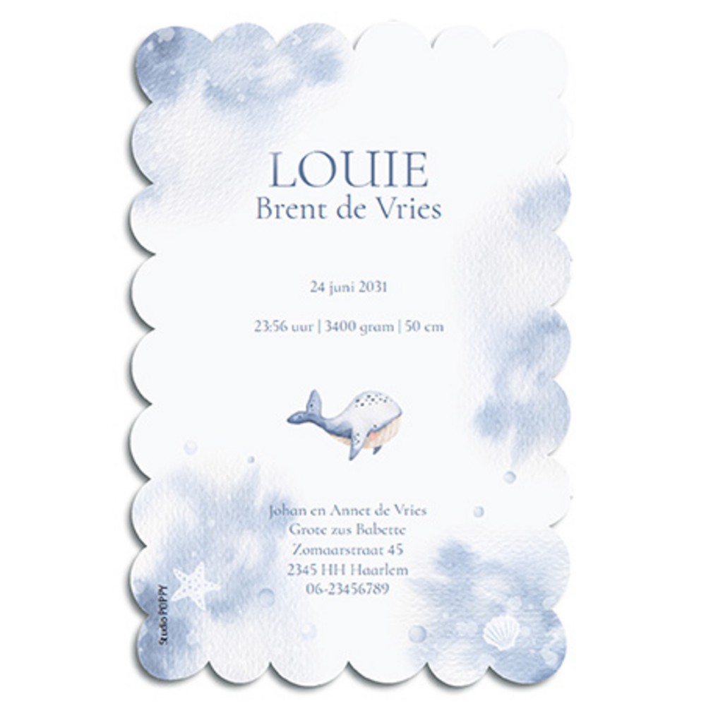 Geboortekaartje met lieve walvissen