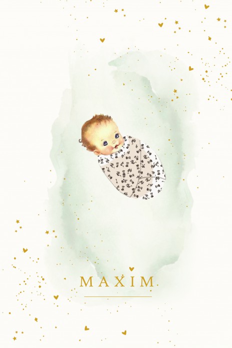 Geboortekaartje baby ingebakerd met watercolor accenten voor