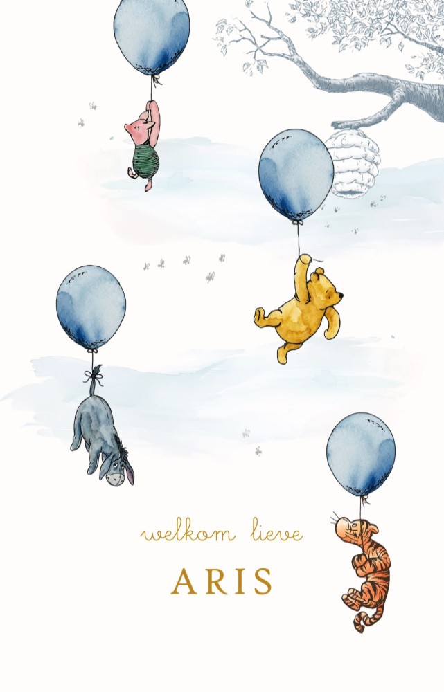 Klassiek geboortekaartje van Winnie the Pooh. Winnie, Knorretje, Iejoor en Teigetje zweven door de lucht aan een ballon. Ze worden verrast door de bijen van de bijenkorf met honing. Een illustratief geboortekaartje.
