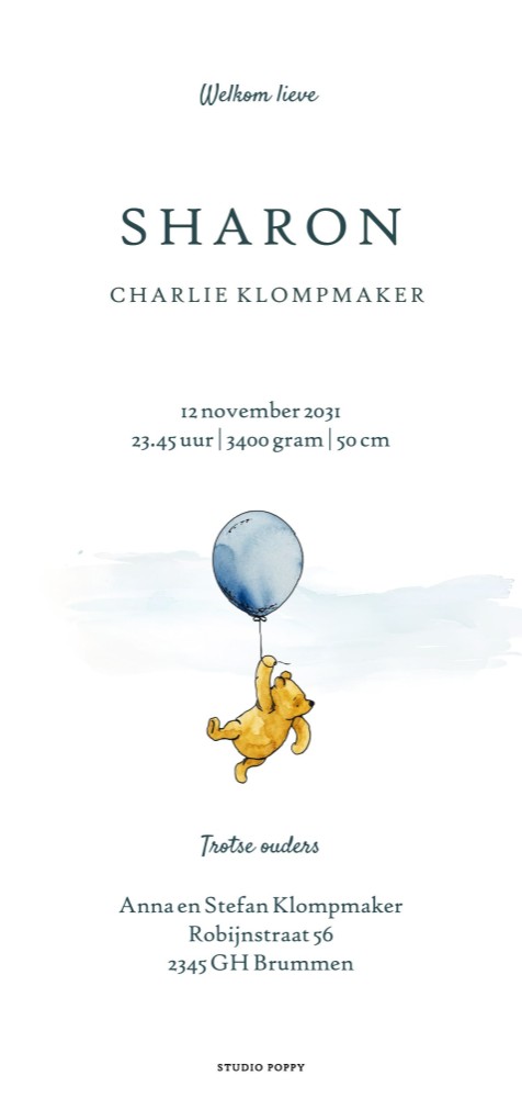 Klassiek geboortekaartje met Winnie the Pooh, Teigetje, Iejoor en Piglit met een ballon door de lucht. Waterverf accenten, bijzonder mooi afgewerkt. Vleugje vintage Winnie met de afwerking van nu. 