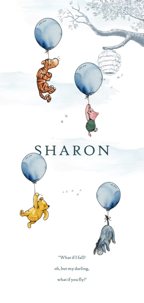 Geboortekaartje Winnie the Pooh, Piglit, Iejoor en Teigetje met ballon