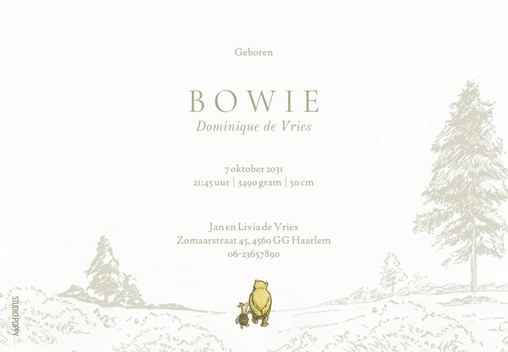 Geboortekaartje Winnie the Pooh, Teigetje, Knorretje en Iejoor in het bos. Klassieke illustratie in mono tinten voor een rustige uitstraling. Een Winnie the Pooh geboortekaartje is tijdloos en van alle tijden.