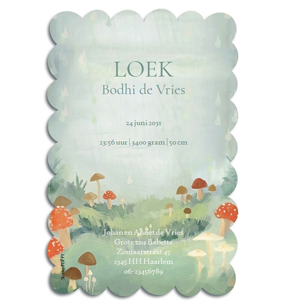Geboortekaartje met slapend beertje onder paddenstoel