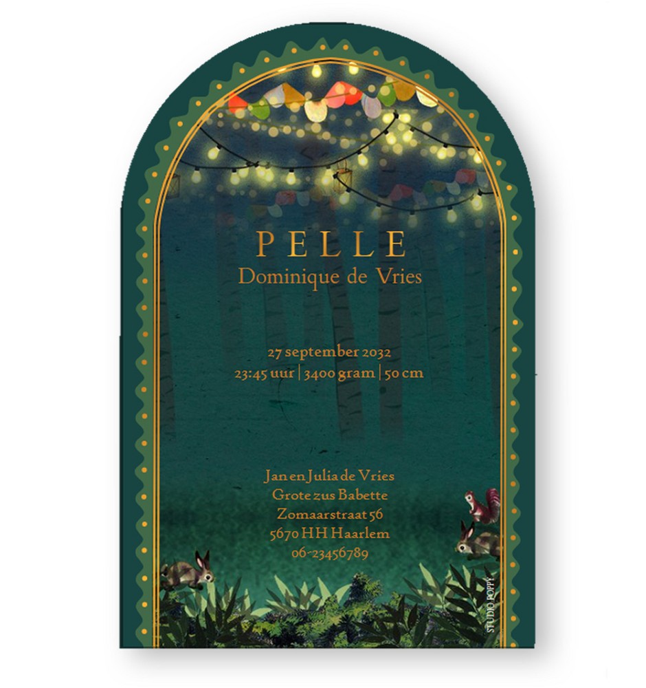 Geboortekaartje festival met bosdieren om een wiegje heen. De lampjes branden in het donkere bos.