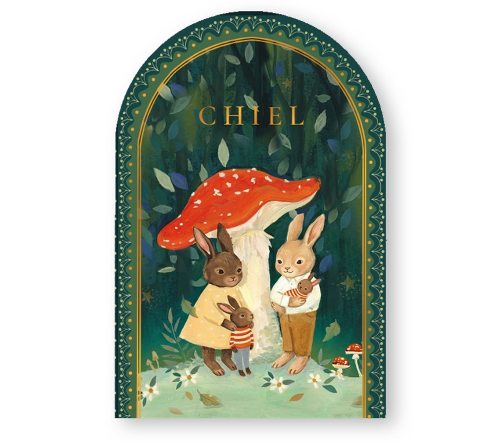 Geboortekaartje bos met paddenstoel en konijnen