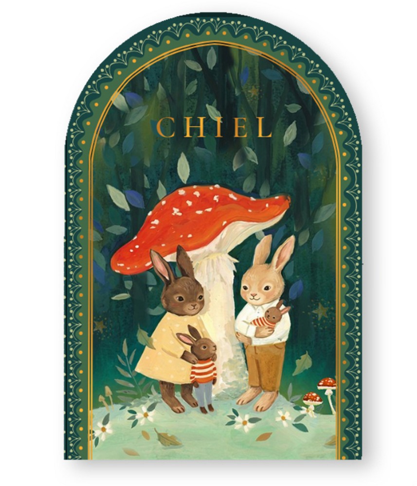 Een heel origineel geboortekaartje in bijzondere vorm en handgeschilderde illustratie van konijnen familie onder de paddenstoel. Er zijn meerdere familie samenstellingen mogelijk.