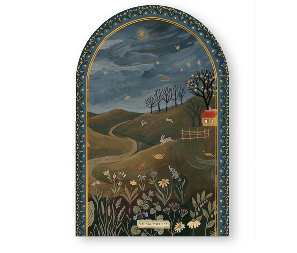 Een sprookjesachtig geboortekaartje! Een bijzondere vorm met een sprookje illustratie met de hand geschilderd. De kabouter met lantaarn trekt de slee voort bij de heldere maan.