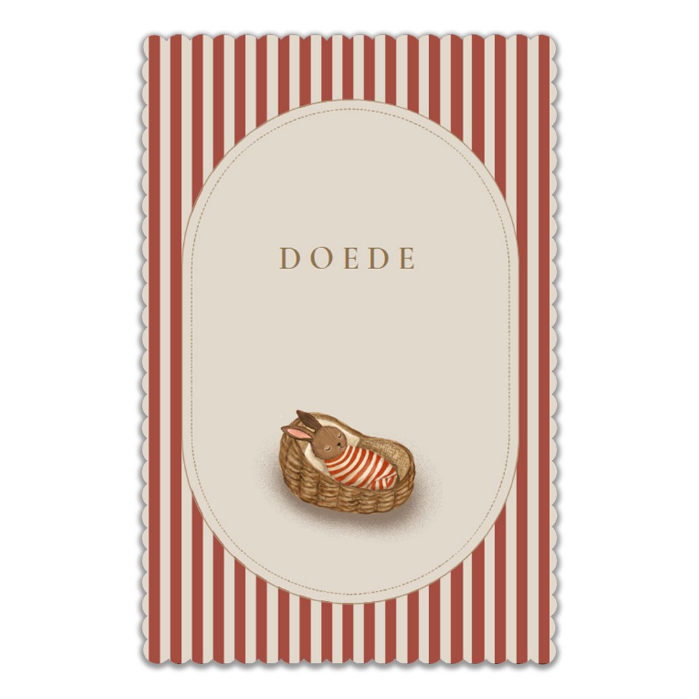 Een trendy geboortekaartje met streepjes en een konijntje. Helemaal de trend van 2027 is dit schulprandje geboortekaartje met klassieke streepjes en konijntje in wiegje.
