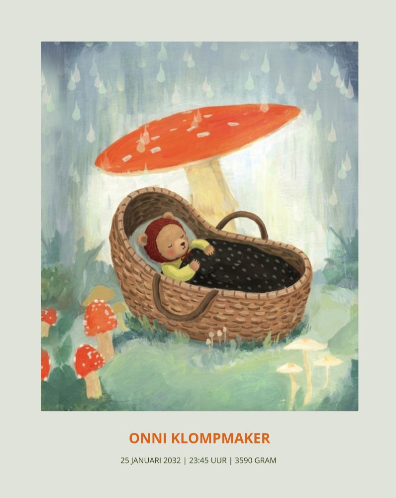 Geboorteposter mandje met paddenstoel