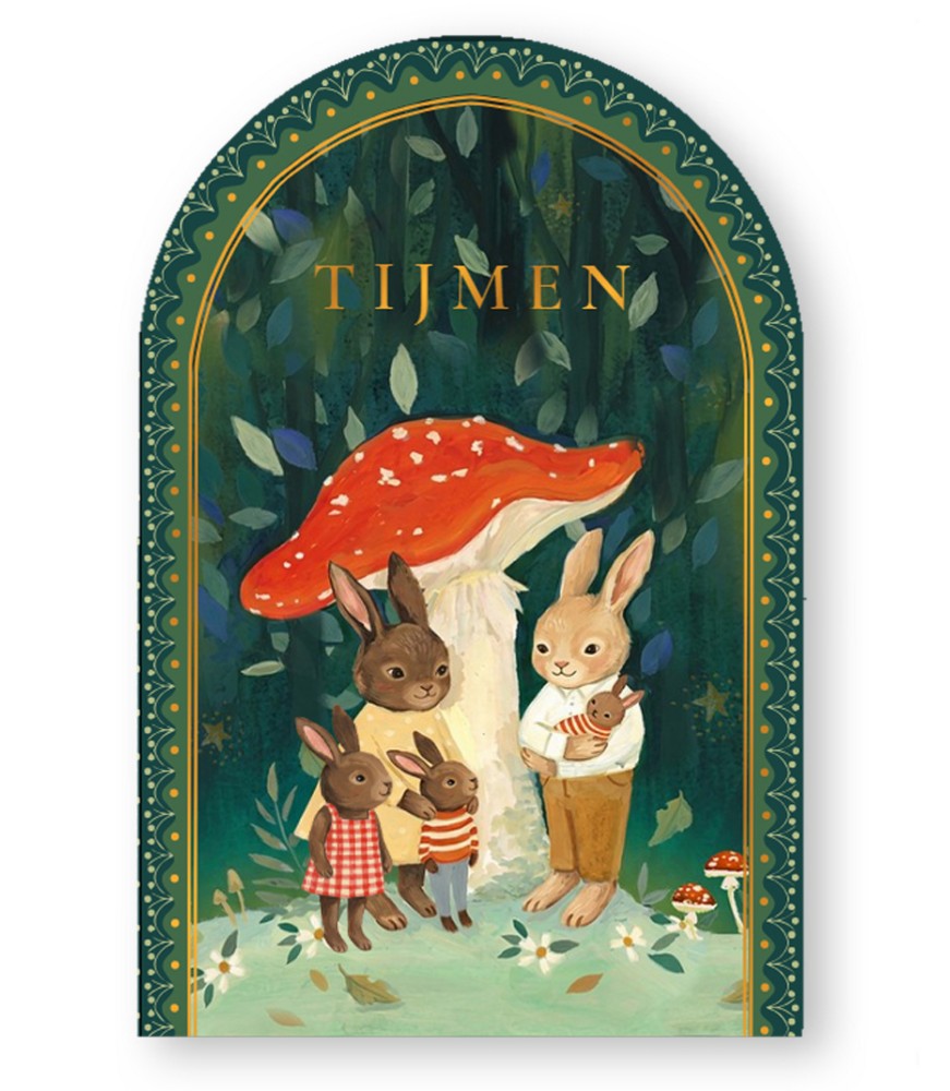 Geboortekaartje bos met paddenstoel en konijnen familie
