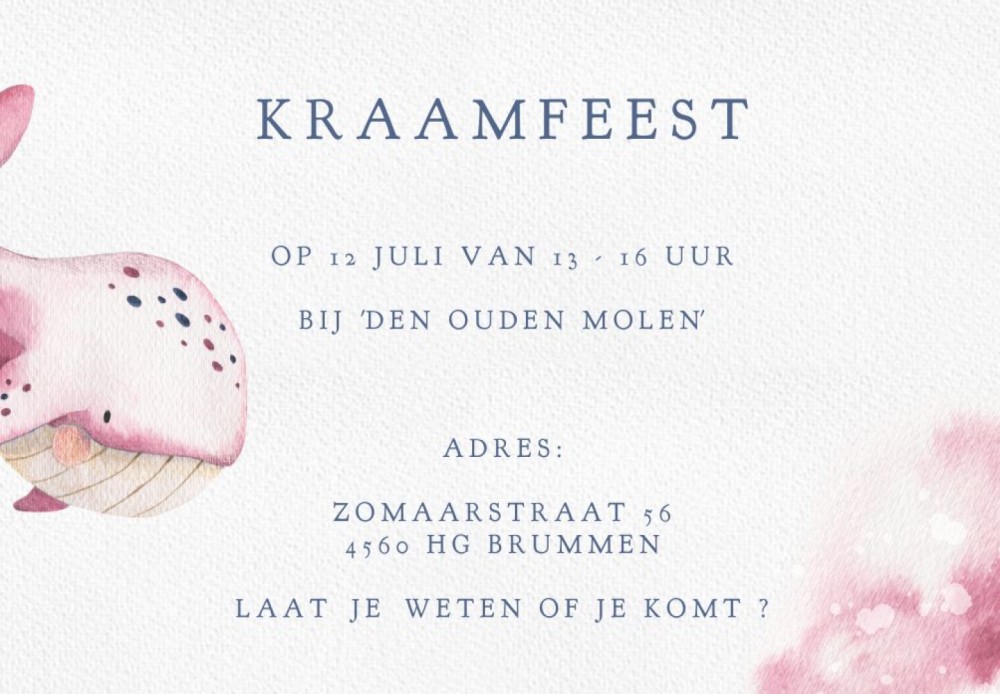 Geef je een kraamfeest? Hoe leuk om deze in dezelfde stijl zeedieren met walvis bij de geboortekaart te voegen. Je past ook hier uiteraard je eigen tekst aan op de voor en achterzijde. De beeldbank kun je gebruiken om het kaartje helemaal eigen te maken. 