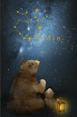 Geboortekaartje met foliedruk sterrenbeeld. Beren kijken naar de hemel in de nacht. voor