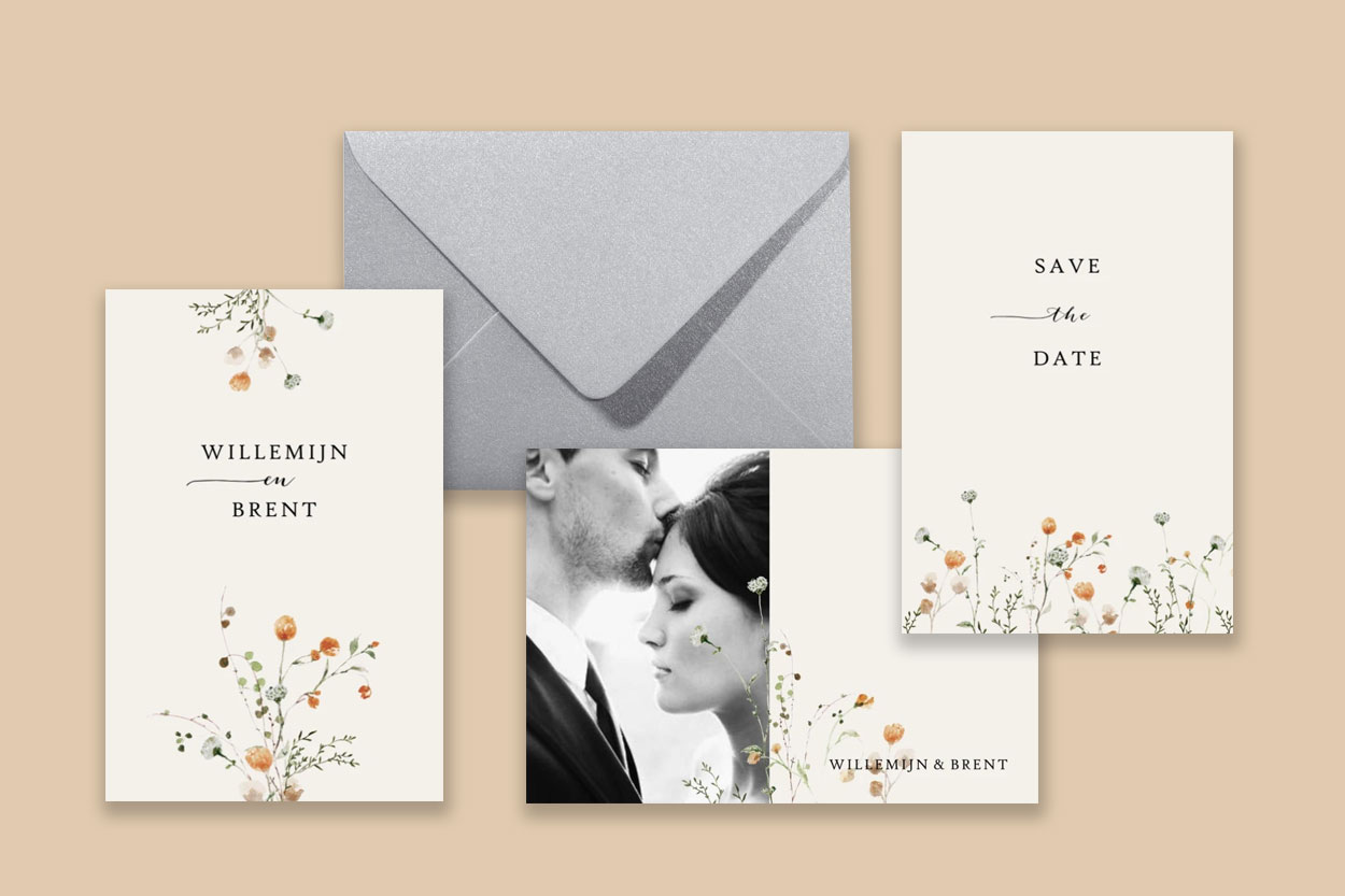 Bruiloft huisstijl rustic chic met wilde bloemen. Een trouwkaart, save the date en menukaart met wildboeket design. De lieve wilde bloemetjes maken het een romantische trouwerij huisstijl.