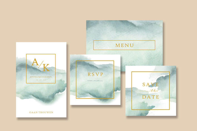 Huisstijl trouwerij grafisch met trouwkaart, RSVP, menukaart en save the date. De huisstijl voor jullie bruiloft is een zeegroene watercolor met folie kaders en monogram. 