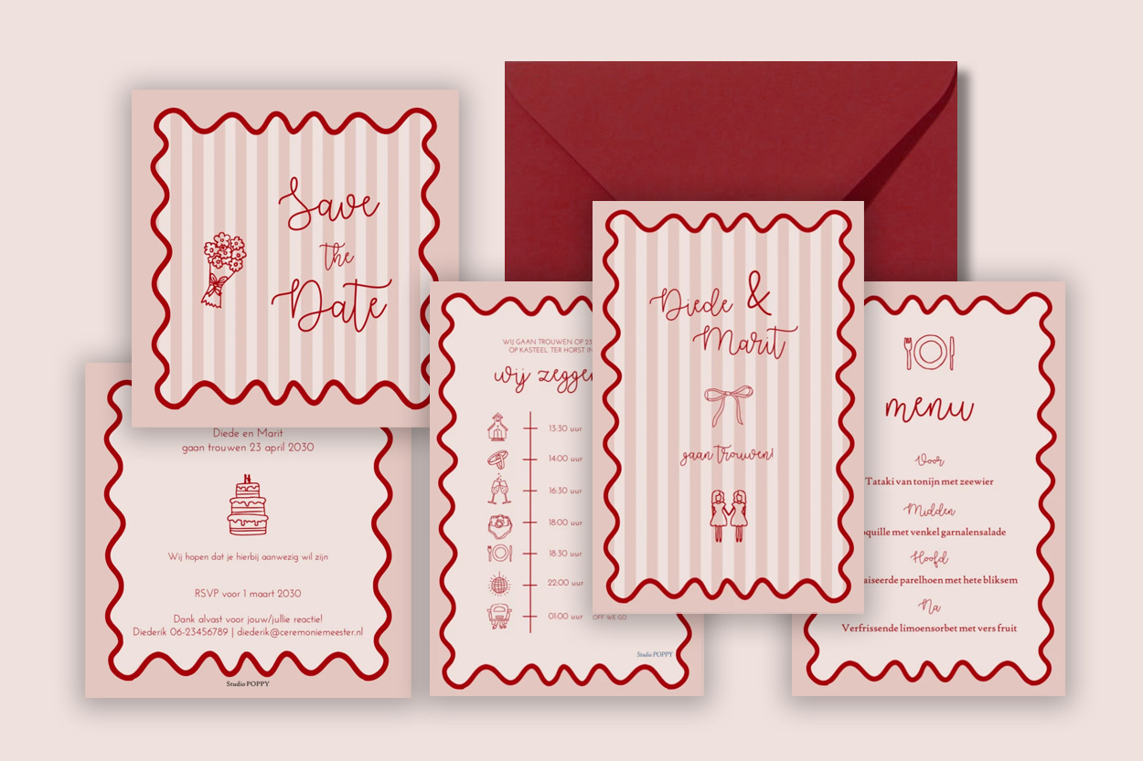 Bruiloft huisstijl vrolijk en speels. Een trouwkaart, save the date en menukaart met speels kader en streep design. De grappige icoontjes maken het een vrolijke trouwerij huisstijl.
